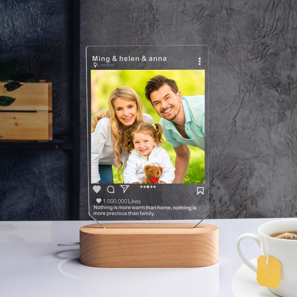 A photo of a happy family is customised on an acrylic night light