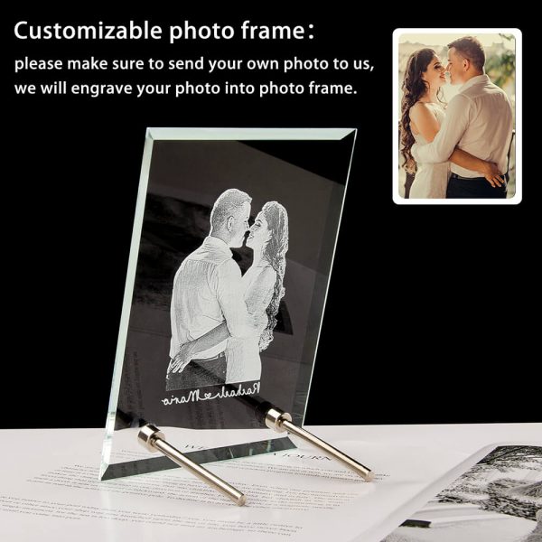 A photo of a couple is customised in a crystal photo frame