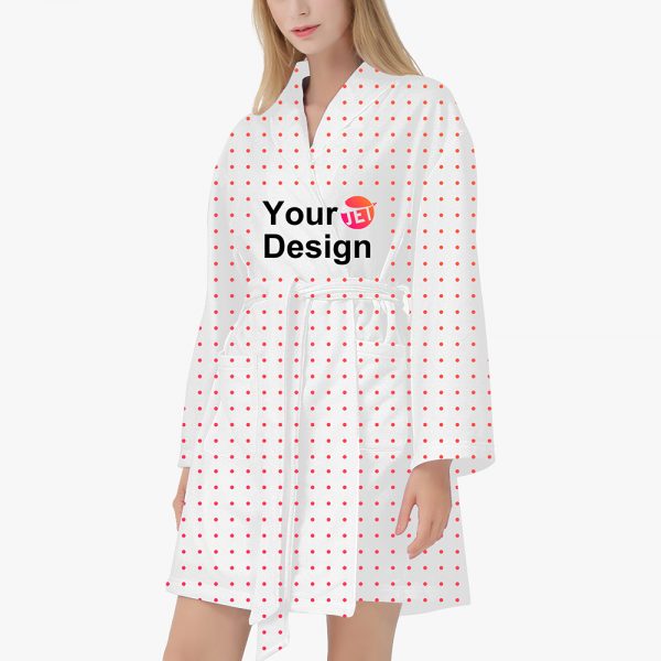 A female model wears a customizable bathrobe