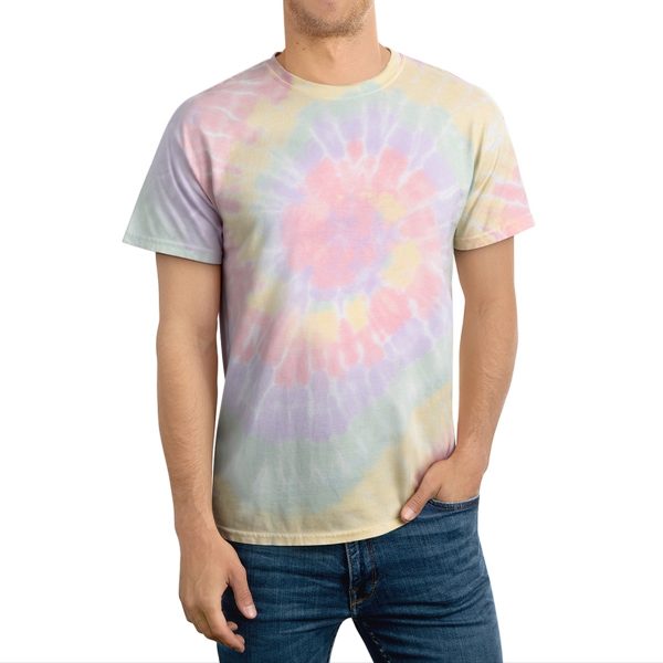 A male model wears a colorful tie-dye short sleeve