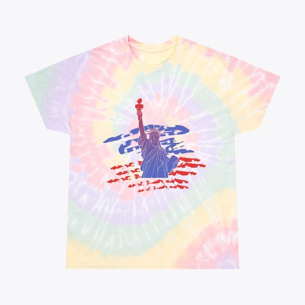 A tie-dye T-shirt with the Statue of Victory printed on it