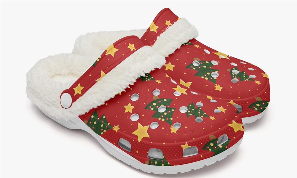 A pair of red Christmas clog shoes