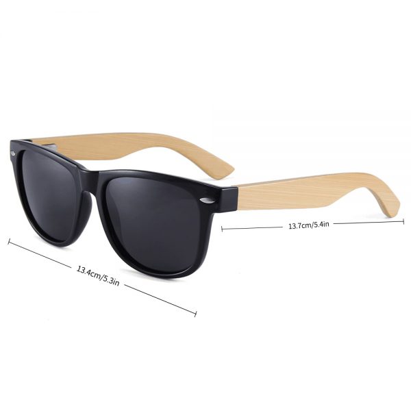 A pair of wooden sunglasses marked with sizes