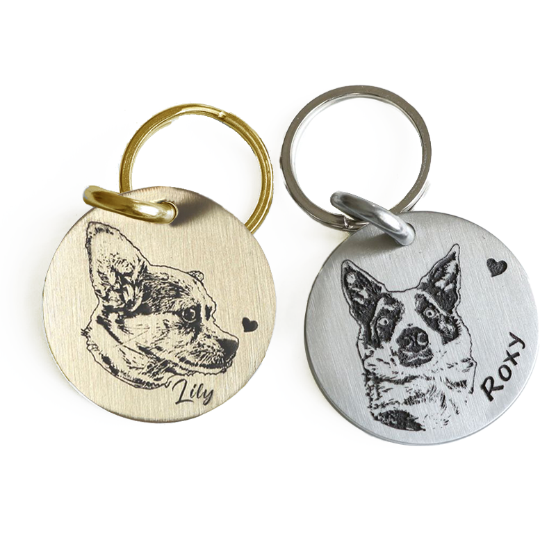 Two customizable pet tags in different colors