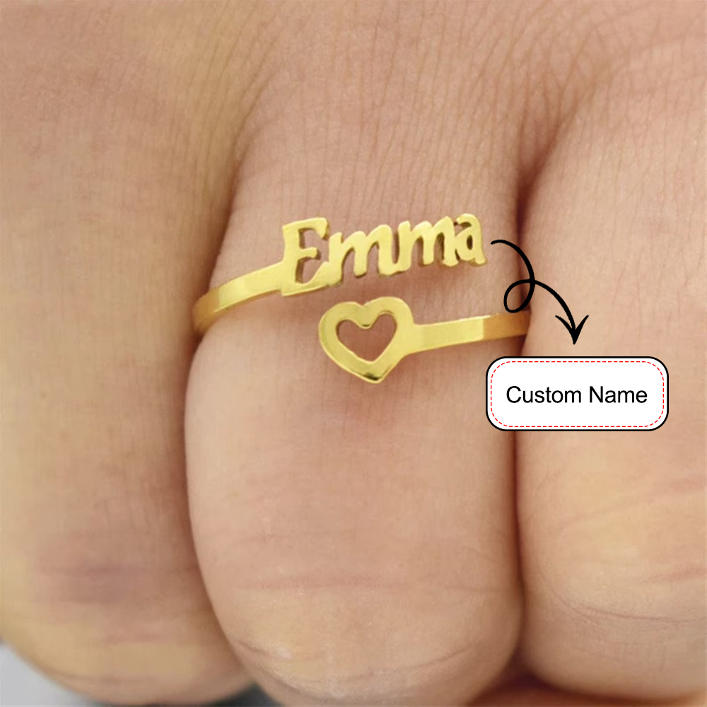 A female model wears a gold customizable ring