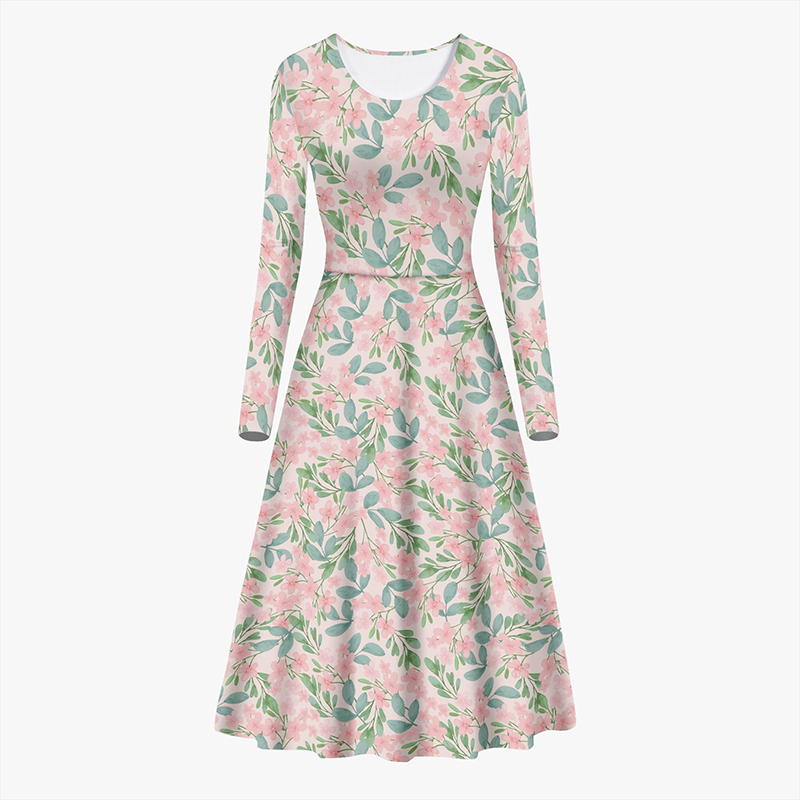 A long-sleeved floral dress