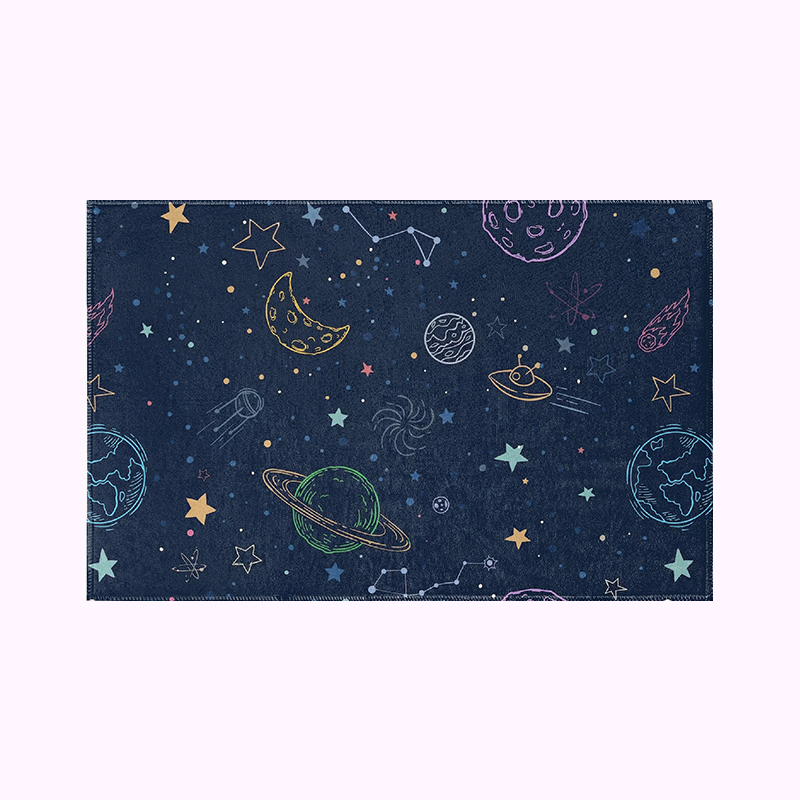 A cartoon carpet with many planets printed on it