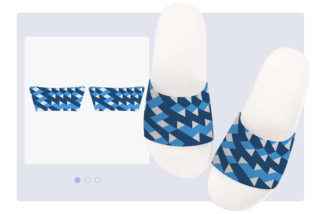 A pair of casual sandals with a blue pattern