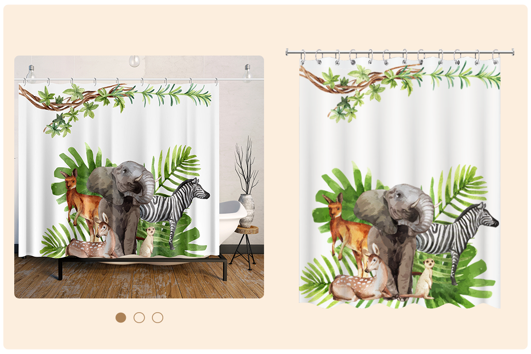 A customizable shower curtain with animal prints.