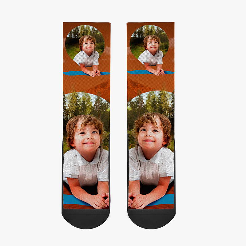 A pair of brown socks with a picture of a child