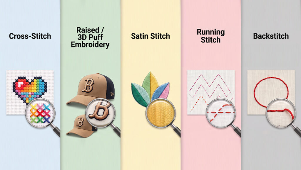 Five embroidery techniques displayed side-by-side with magnifying glasses showing stitch details. From left to right: Cross-Stitch on a colorful heart, Raised/3D Puff Embroidery on a baseball cap, Satin Stitch on colored leaves, Running Stitch on a dashed zigzag line, and Backstitch on a solid red circle.