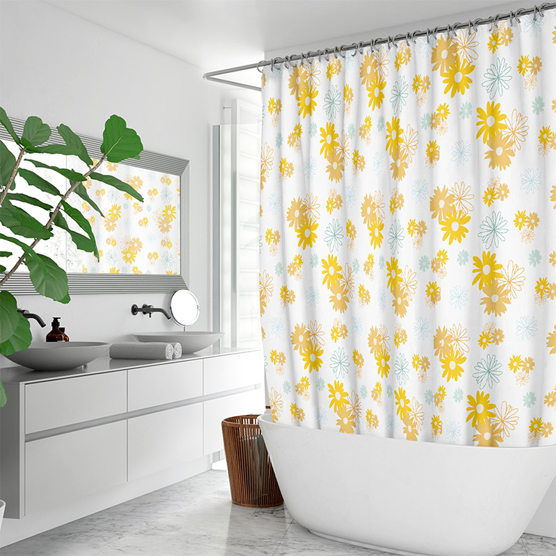 A shower curtain with a pattern of yellow flowers