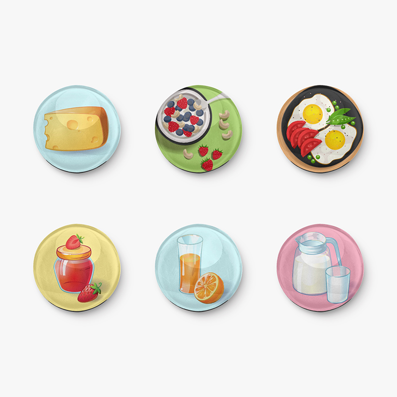 6 custom magnets with different food patterns