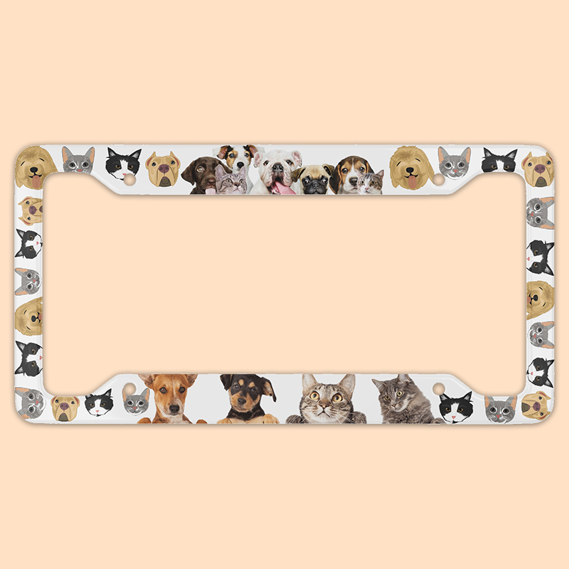 A license plate frame with many cute pets printed on it