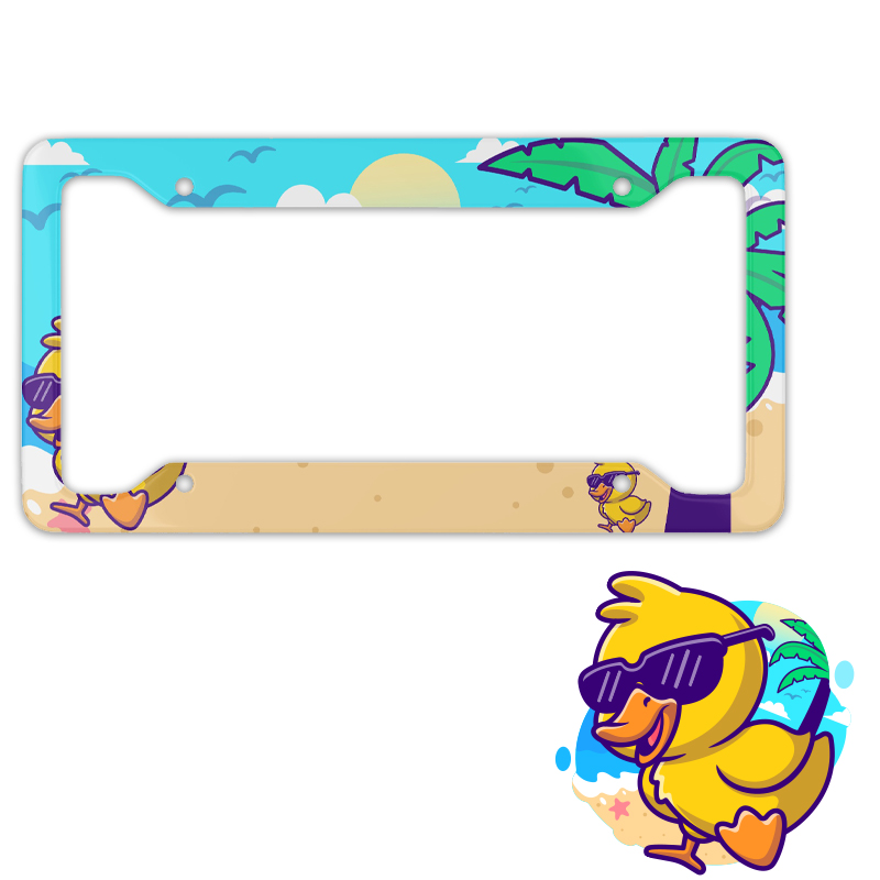 License plate frame with a funny yellow duck on the beach