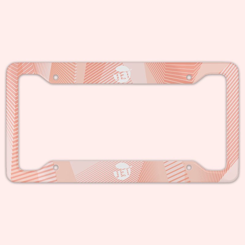 A pink license plate frame with a JetPrint logo printed on it