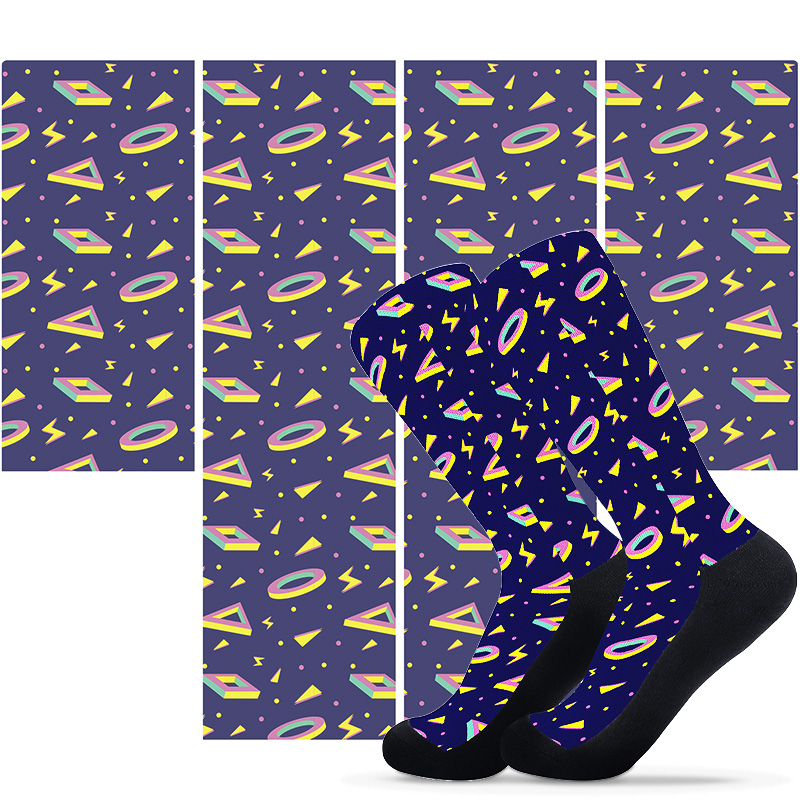 A pair of purple socks with a donut pattern