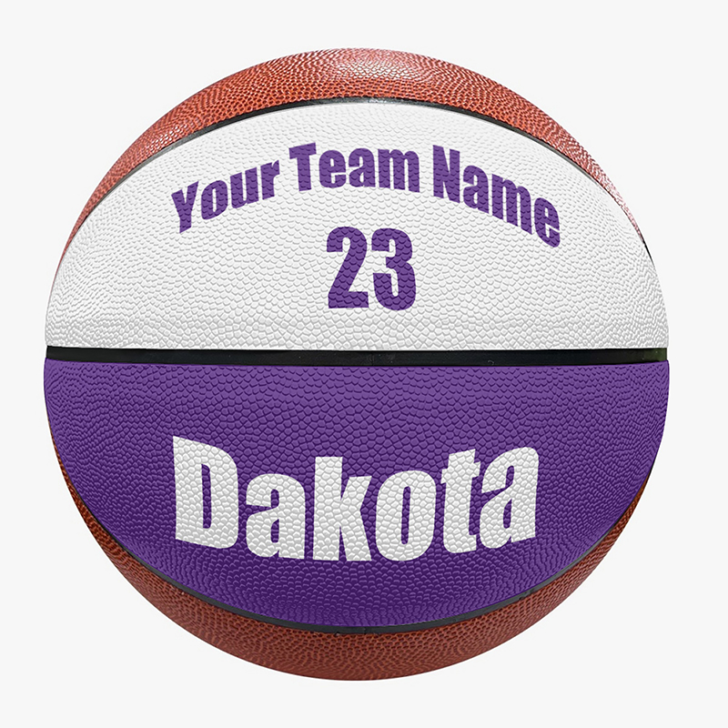 A basketball with the name and number of the basketball team customized on it