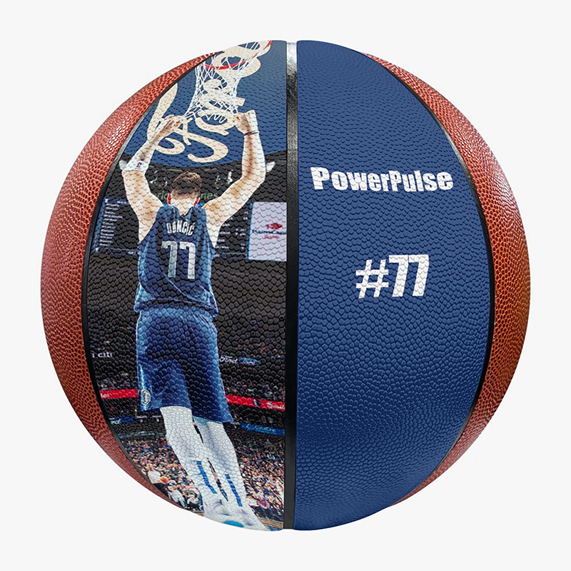 A basketball with pictures of basketball players customized on it