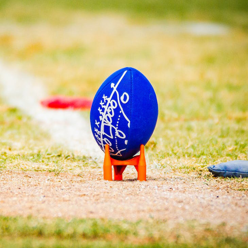 A blue football is placed on the playing field