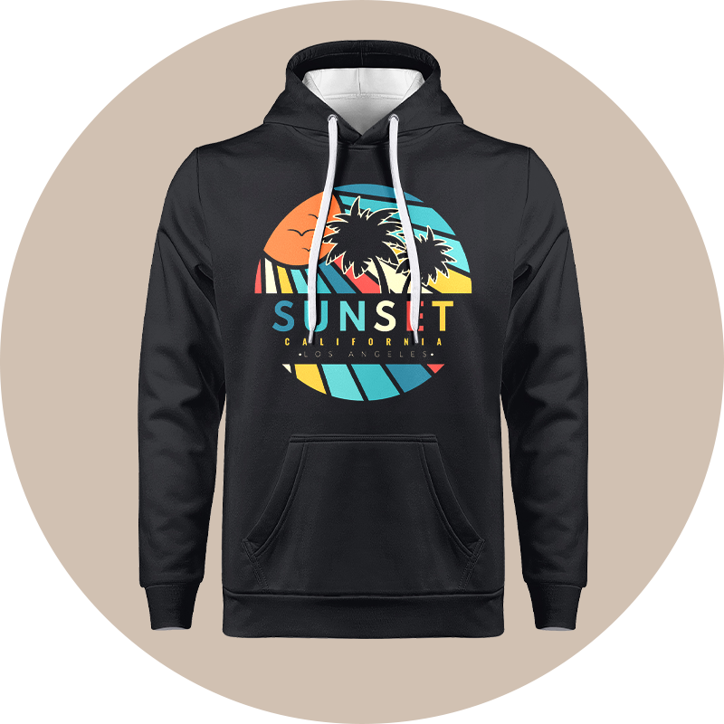 A black hoodie with an illustration of a coconut tree