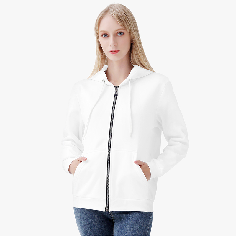 A white customizable women’s aop full zip hoodie