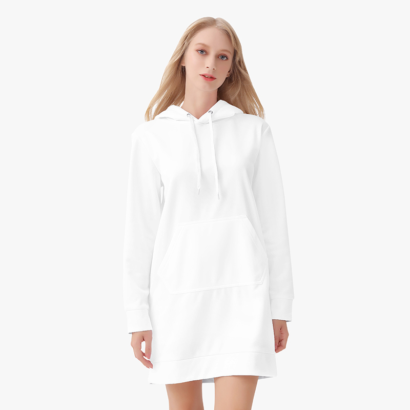 A white customizable women’s aop hoodie dress