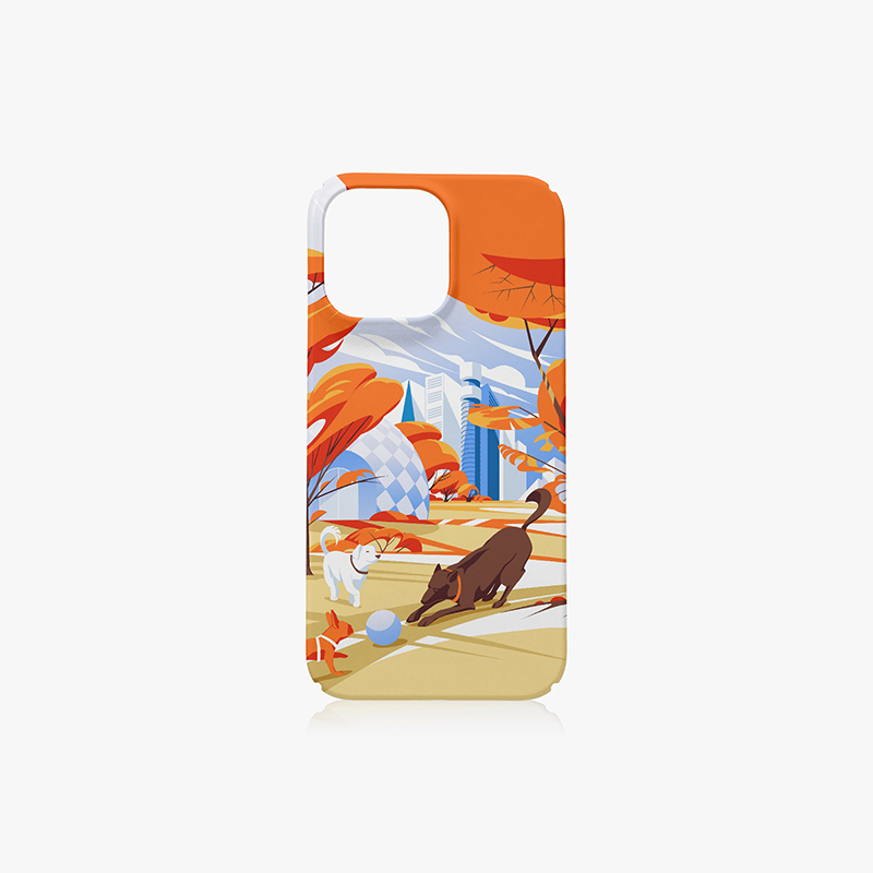 An orange phone case with two cartoon puppies printed on it