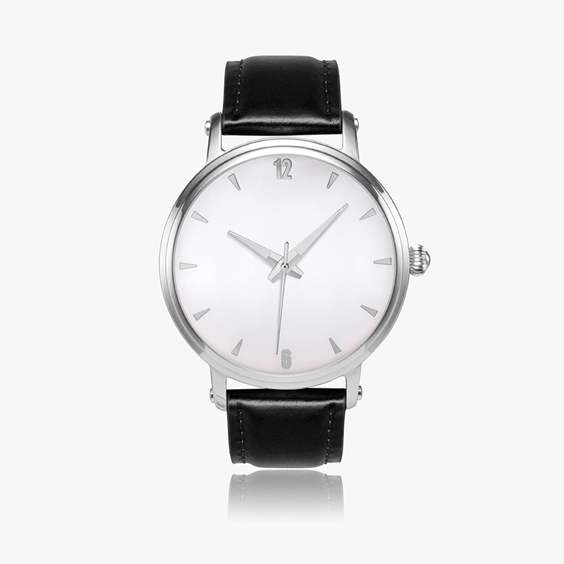 A watch with a black leather strap and silver dial