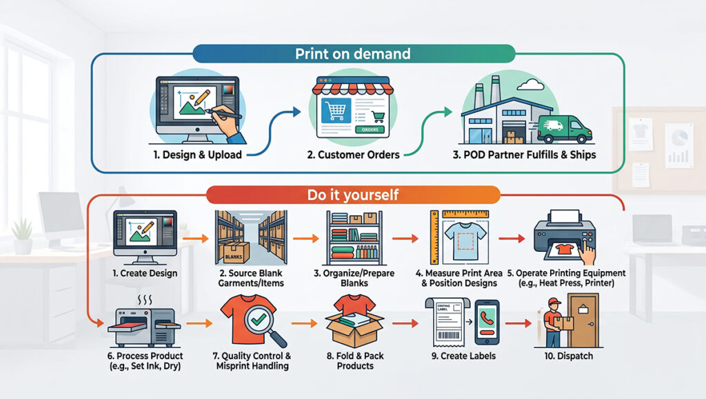 Infographic comparing Print on demand (POD) and Do it yourself (DIY) processes. The top POD flow has 3 simple steps: Design & Upload, Customer Orders, and POD Partner Fulfills & Ships. The bottom DIY flow shows a complex 10-step process: Create Design, Source Blanks, Organize Blanks, Measure & Position, Operate Equipment, Process Product, Quality Control, Fold & Pack, Create Labels, and Dispatch. This illustrates the simplicity of POD versus the heavy workload of DIY fulfillment.