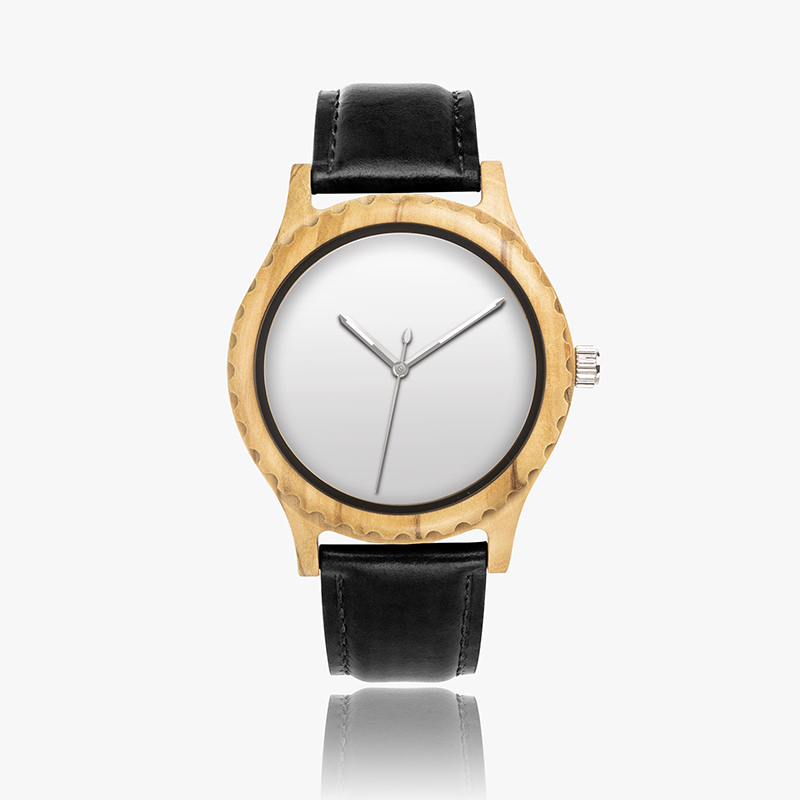 A watch with a black leather strap and wooden dial