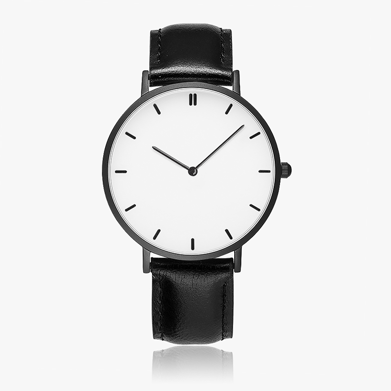 A watch with a black leather strap and black dial