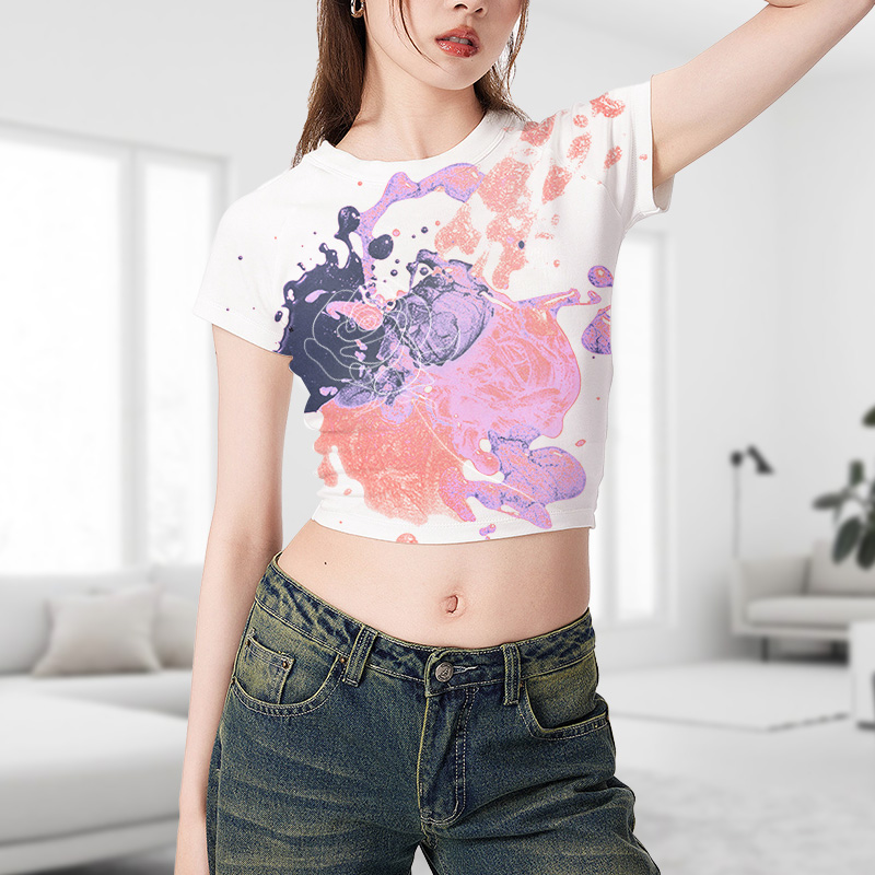 A female model wears a colorful crop top