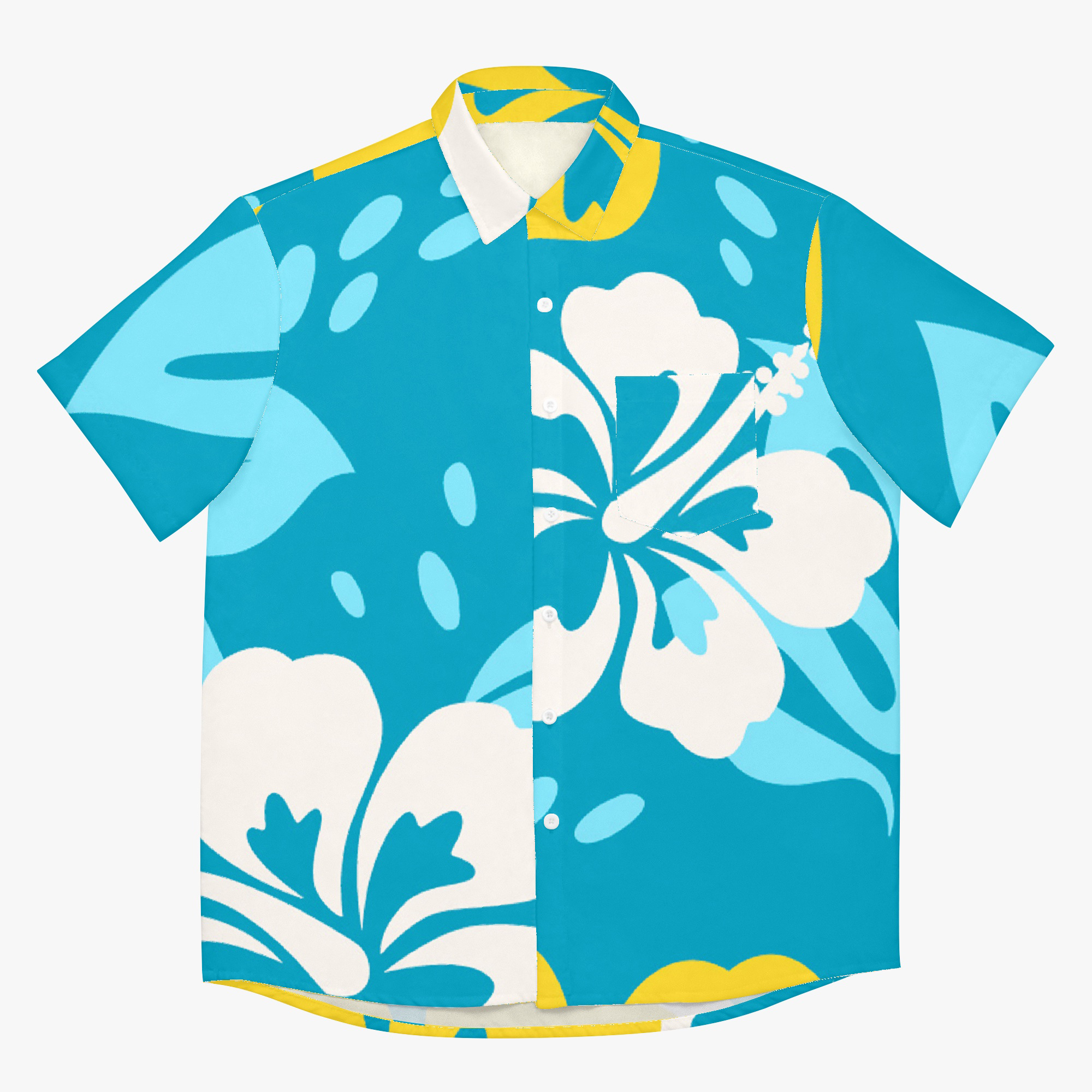 An all over print light blue Hawaiian shirt