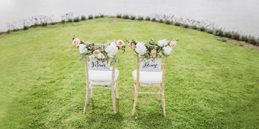 Two wedding chairs were placed on the lawn