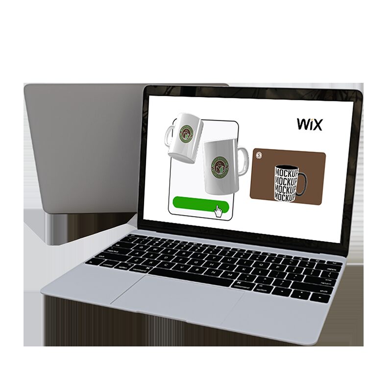 Laptop screen showing a Wix store with a JetPrint product design open