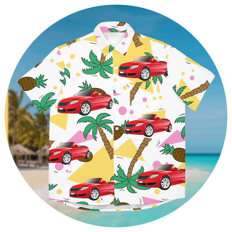 A Hawaiian shirt with a red car print