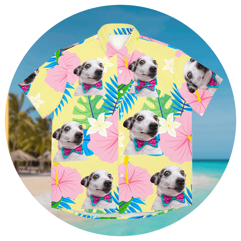 A Hawaiian shirt with a pet dog image on it