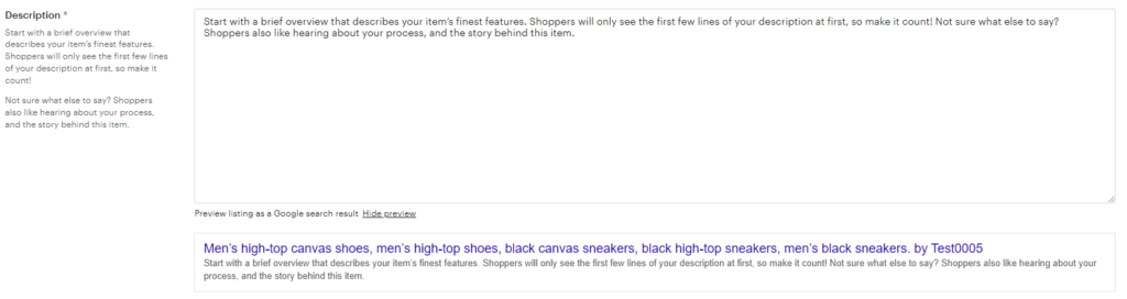 Etsy product descriptions in Google search