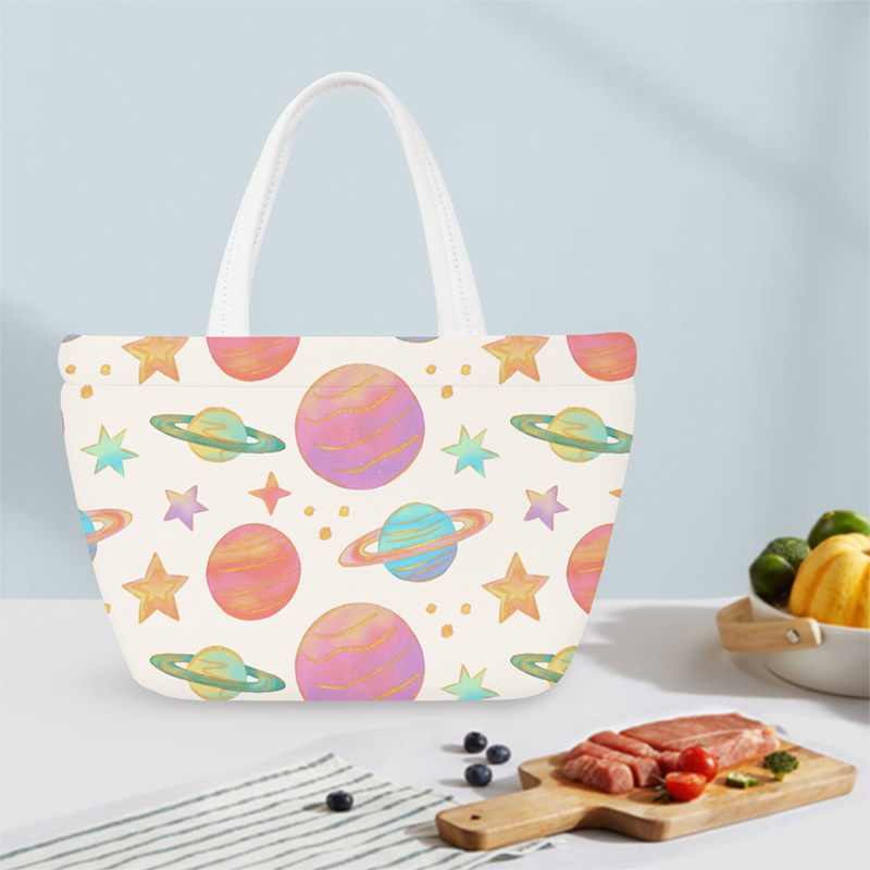 A lunch bag with lots of planets on it