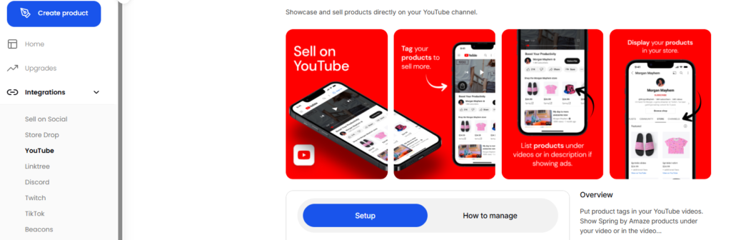 A screenshot of Spring's YouTube integration dashboard. The left sidebar highlights 'YouTube'. The main section features four red cards with mobile mockups illustrating Spring product demonstration examples on YouTube, like selling, tagging, and listing merchandise. Below are 'Setup' and 'How to manage' buttons, plus a brief overview on showing Spring by Amaze products directly on a YouTube channel.