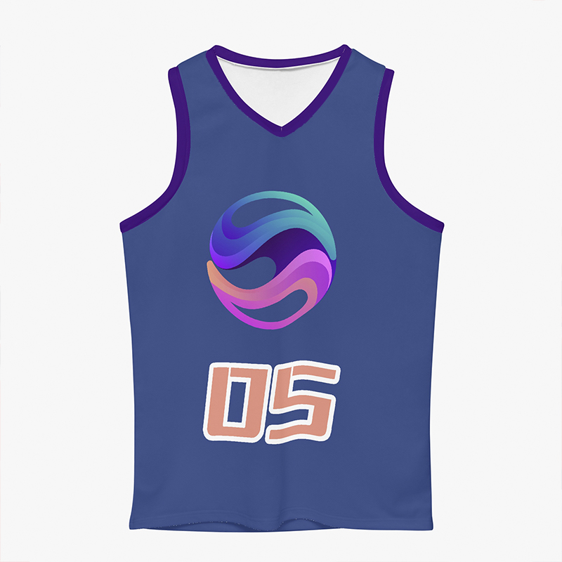 A blue basketball jersey with a logo