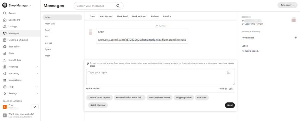 Etsy messages