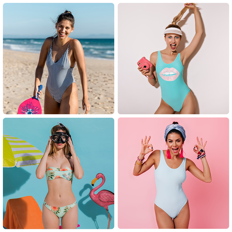 Four-square grid pattern of different swimsuit designs