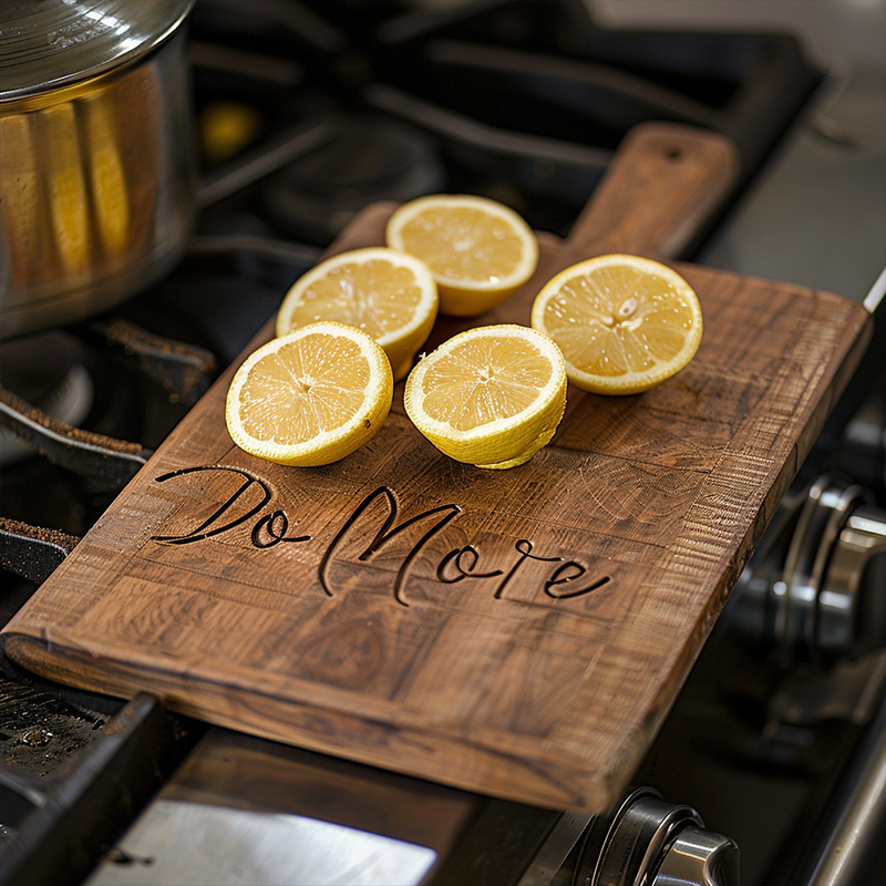 Lemons are placed on a wooden cutting board with an inscription