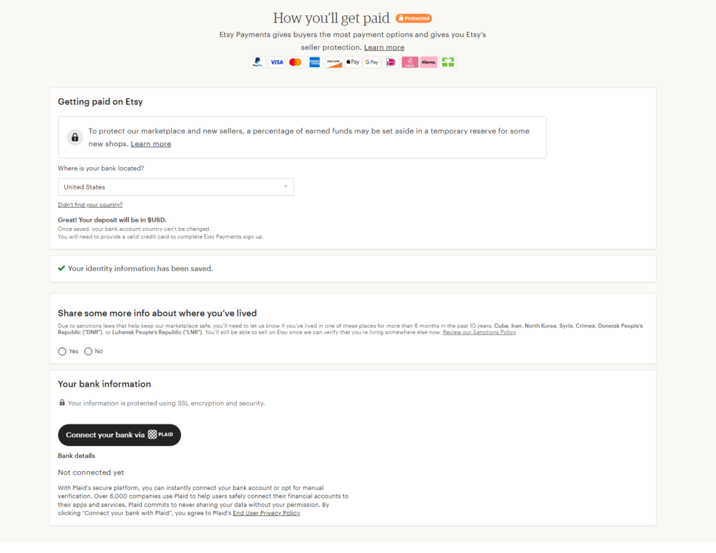 Payment information for your Etsy shop