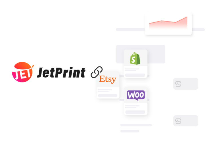 JetPrint linked to Shopify, Etsy, WooCommerce and Wix store icons