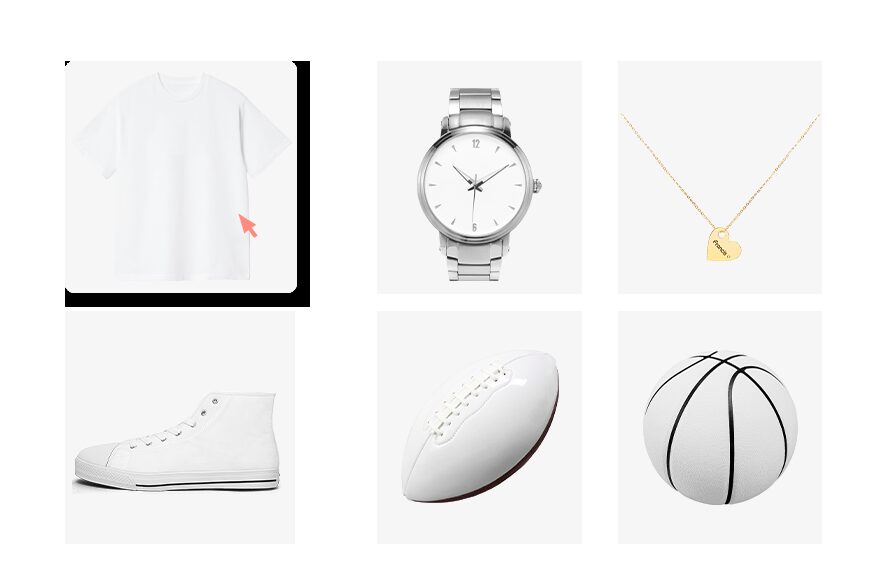 A selection of blank print on demand products including a shoe, watch, cap and mug from the JetPrint catalog