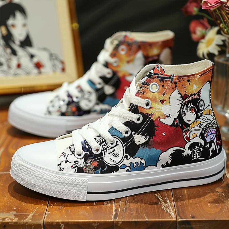 A pair of high-top canvas shoes with cartoon character designs