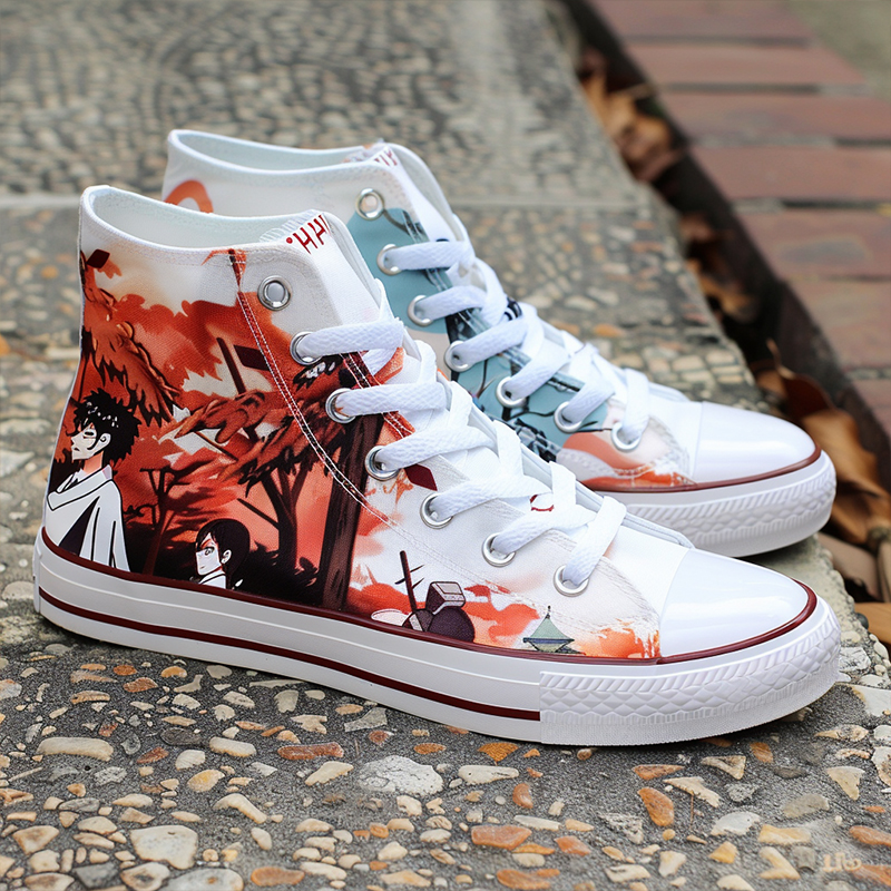 A pair of high-top canvas shoes with cartoon character designs